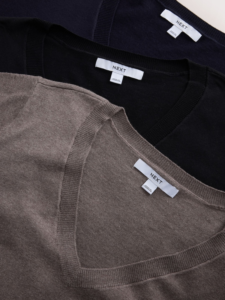 Neutral/Black Cotton Rich Soft Touch V-Neck Jumpers 3 Pack - Image 10 of 10