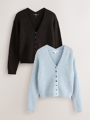 Light Blue/Chocolate Brown Long Sleeve V-Neck Rib Cardigan With Wool 2 Pack - Image 1 of 11