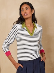 Love & Roses White Stripe Ribbed Long Sleeve Collared Top - Image 1 of 5