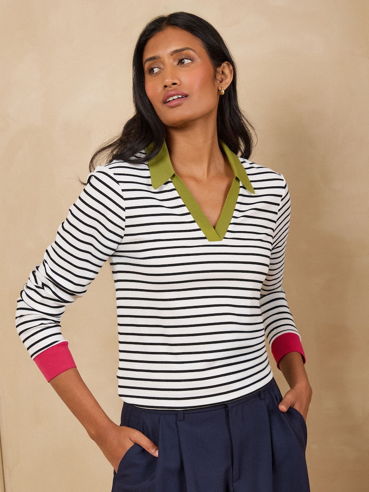 Love & Roses White Stripe Ribbed Long Sleeve Collared Top - Image 1 of 5