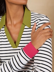 Love & Roses White Stripe Ribbed Long Sleeve Collared Top - Image 2 of 5