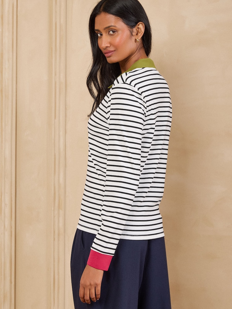 Love & Roses White Stripe Ribbed Long Sleeve Collared Top - Image 5 of 5