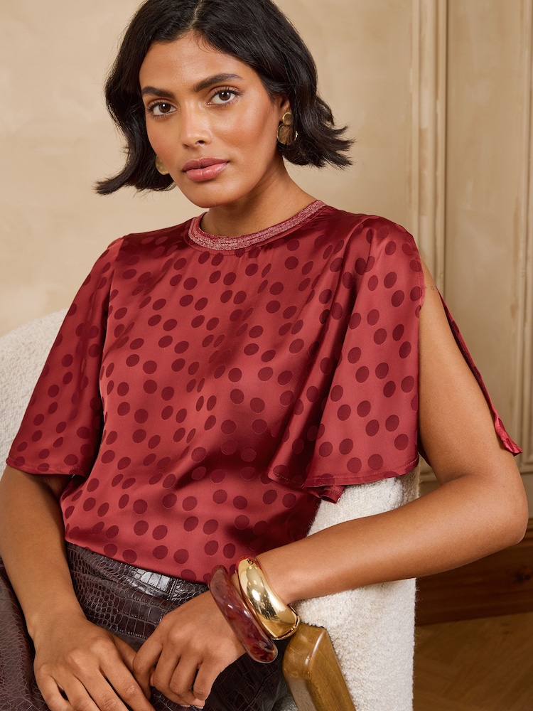Love & Roses Red Jacquard Spot Satin Top - Image 1 of 5
