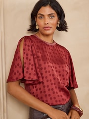 Love & Roses Red Jacquard Spot Satin Top - Image 4 of 5