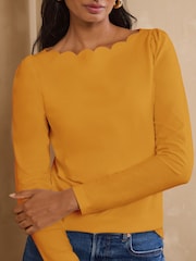 Love & Roses Yellow Scallop Boat Neck Long Sleeve Top - Image 1 of 4