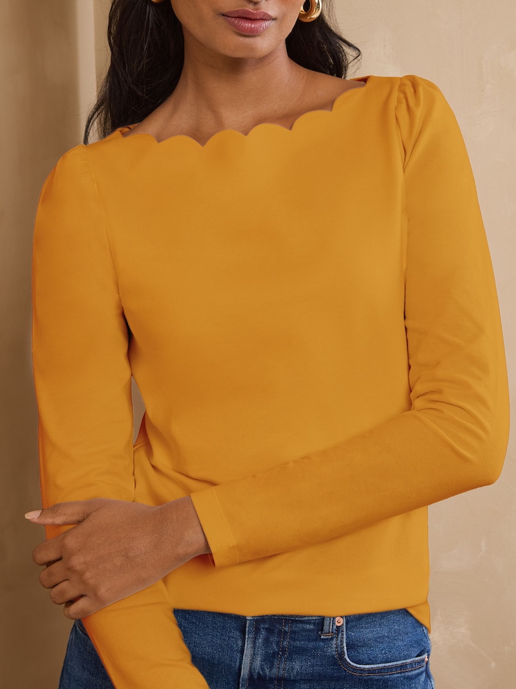 Love & Roses Yellow Scallop Boat Neck Long Sleeve Top - Image 1 of 4