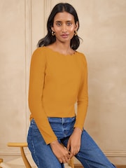 Love & Roses Yellow Scallop Boat Neck Long Sleeve Top - Image 2 of 4