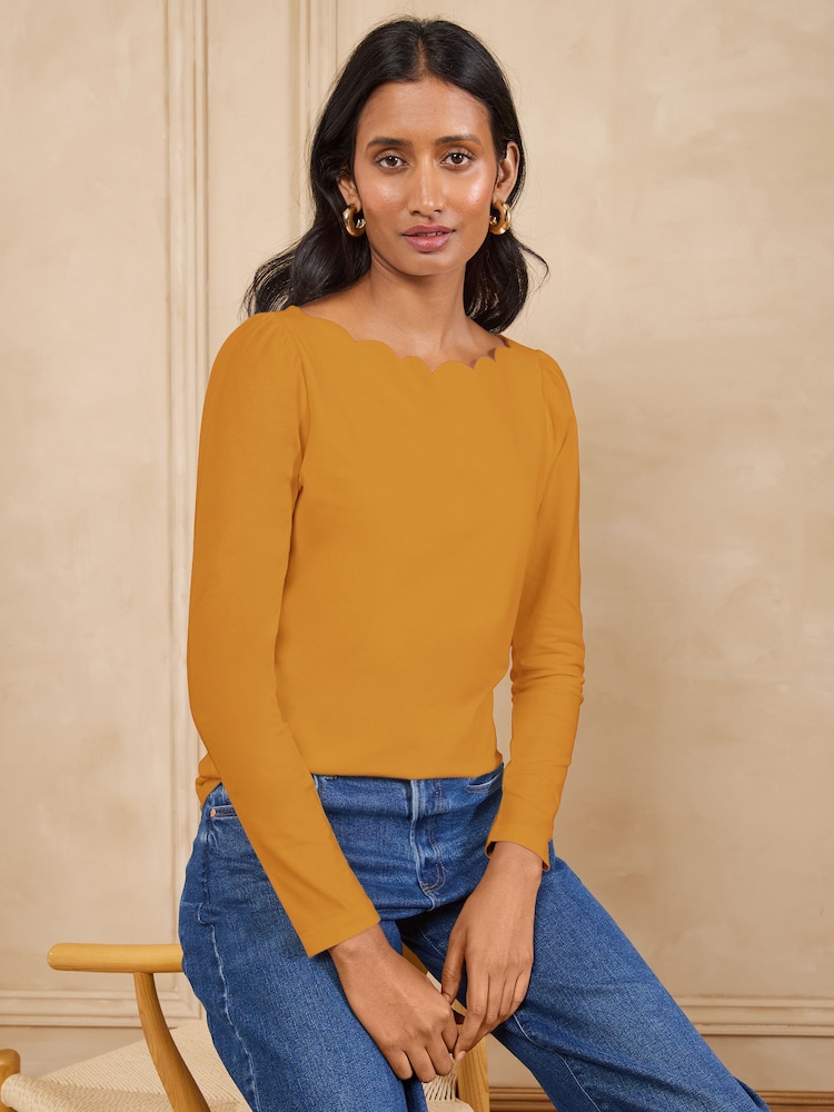 Love & Roses Yellow Scallop Boat Neck Long Sleeve Top - Image 2 of 4