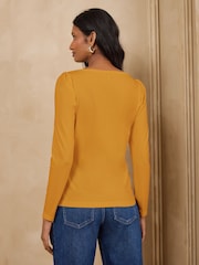Love & Roses Yellow Scallop Boat Neck Long Sleeve Top - Image 4 of 4