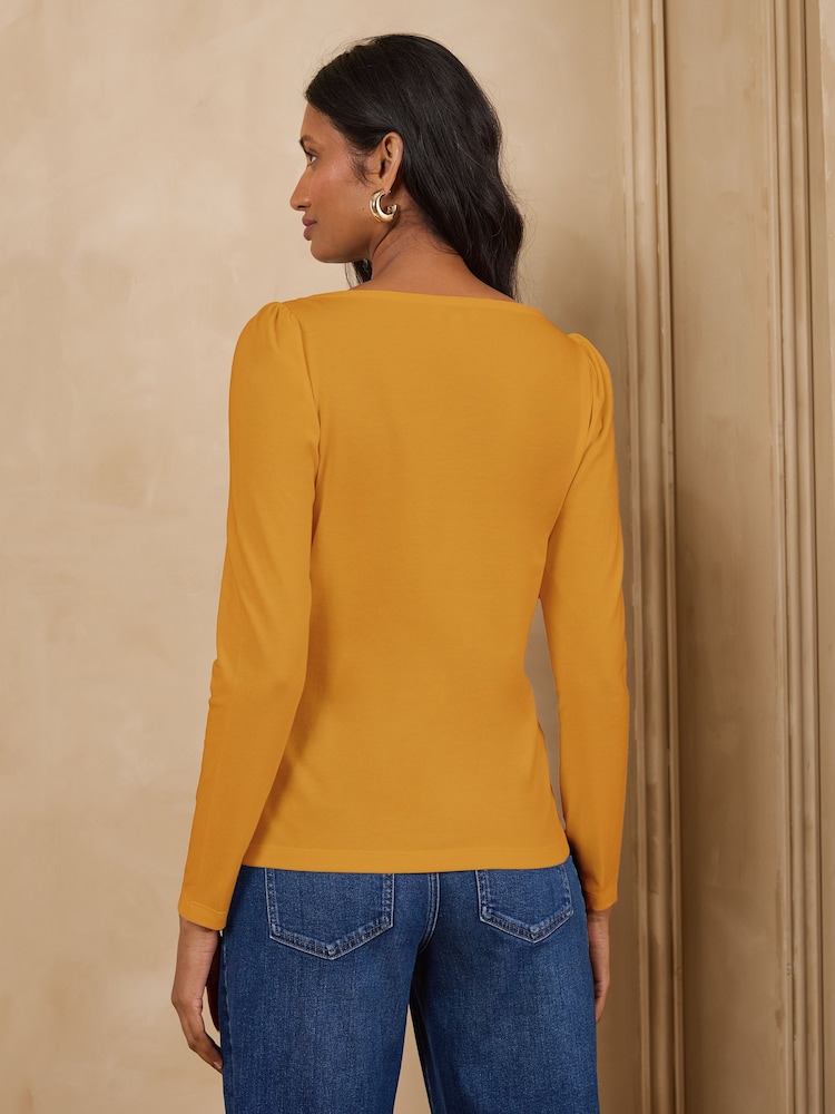 Love & Roses Yellow Scallop Boat Neck Long Sleeve Top - Image 4 of 4