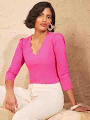 Love & Roses Bright Pink 3/4 Sleeve Scallop V-Neck Jersey Top - Image 1 of 4