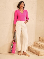 Love & Roses Bright Pink 3/4 Sleeve Scallop V-Neck Jersey Top - Image 3 of 4