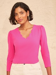 Love & Roses Bright Pink 3/4 Sleeve Scallop V-Neck Jersey Top - Image 4 of 4