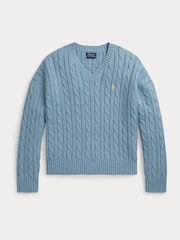 Polo Ralph Lauren Blue V-Neck Cable Knit Jumper - Image 1 of 2