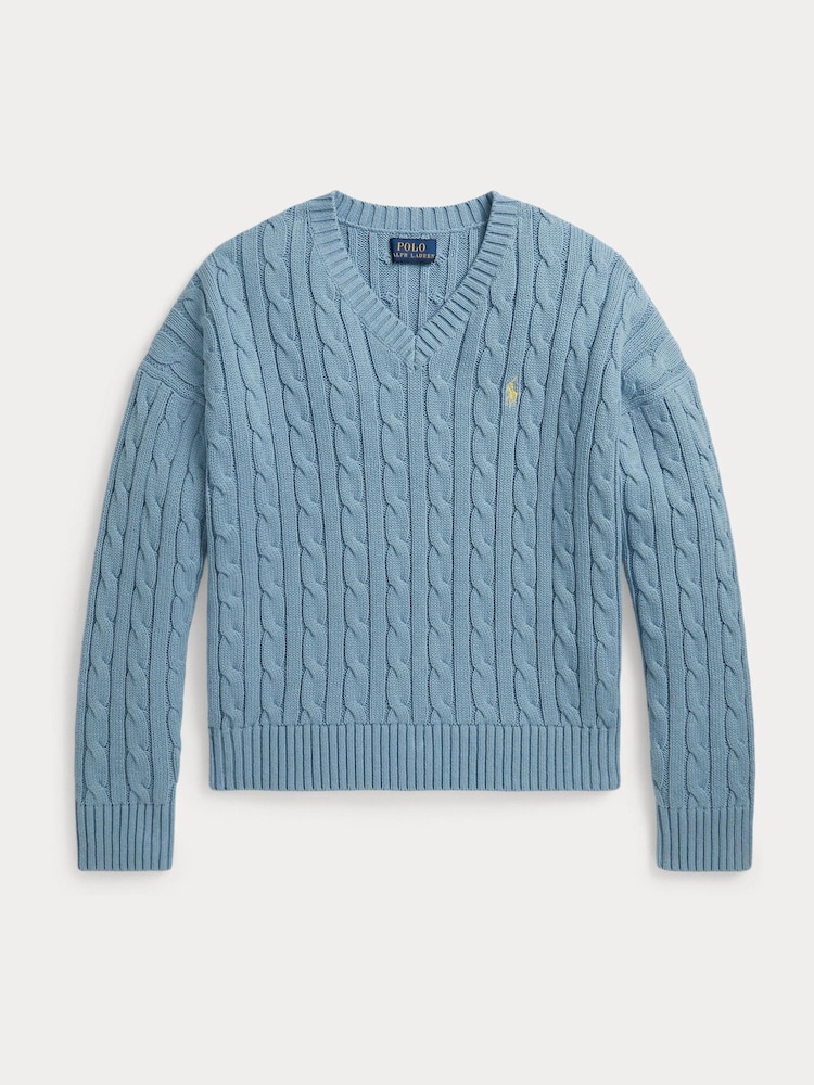 Polo Ralph Lauren Blue V-Neck Cable Knit Jumper - Image 1 of 2 Polo Ralph Lauren Blue V-Neck Cable Knit Jumper - Image 1 of 2