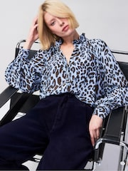 Ro&Zo Blue Leopard Print Ruffle Neck Blouse - Image 1 of 5
