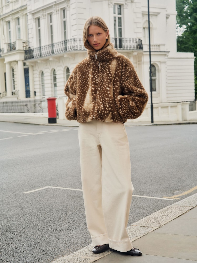 Brown Animal Print Faux Fur Funnel Neck Zip Through Deer Jacket - Image 1 of 10 Brown Animal Print Faux Fur Funnel Neck Zip Through Deer Jacket - Image 1 of 10