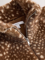 Brown Animal Print Faux Fur Funnel Neck Zip Through Deer Jacket - Image 10 of 10