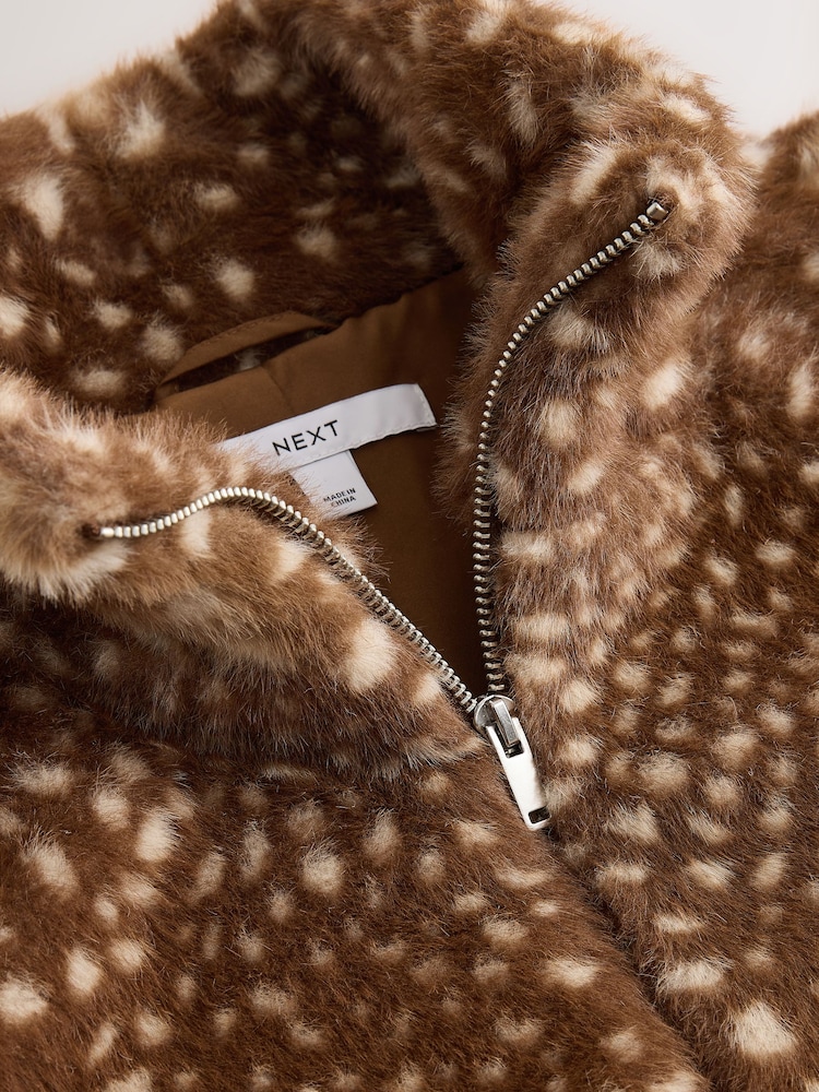 Brown Animal Print Faux Fur Funnel Neck Zip Through Deer Jacket - Image 10 of 10 Brown Animal Print Faux Fur Funnel Neck Zip Through Deer Jacket - Image 10 of 10