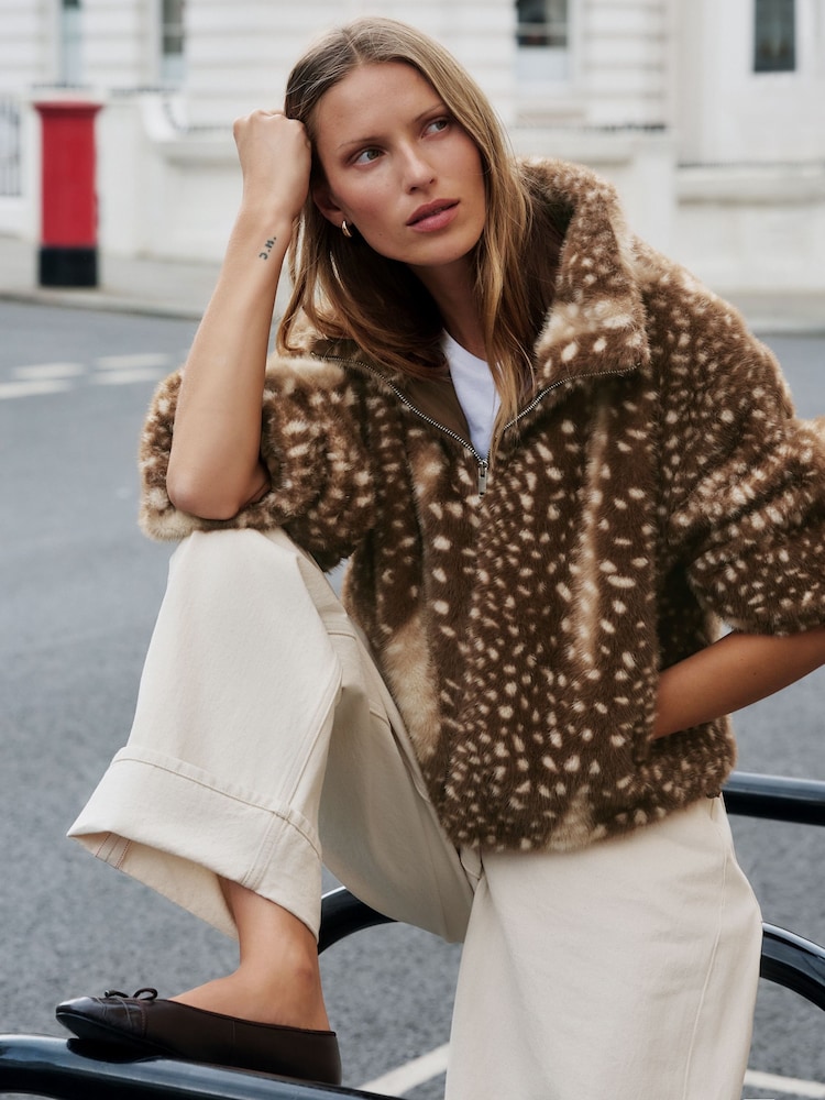 Brown Animal Print Faux Fur Funnel Neck Zip Through Deer Jacket - Image 2 of 10 Brown Animal Print Faux Fur Funnel Neck Zip Through Deer Jacket - Image 2 of 10