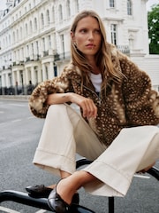 Brown Animal Print Faux Fur Funnel Neck Zip Through Deer Jacket - Image 3 of 10