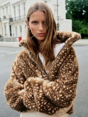 Brown Animal Print Faux Fur Funnel Neck Zip Through Deer Jacket - Image 4 of 10