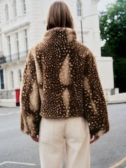 Brown Animal Print Faux Fur Funnel Neck Zip Through Deer Jacket - Image 5 of 10