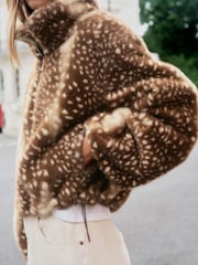 Brown Animal Print Faux Fur Funnel Neck Zip Through Deer Jacket - Image 6 of 10