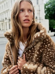 Brown Animal Print Faux Fur Funnel Neck Zip Through Deer Jacket - Image 7 of 10