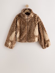 Brown Animal Print Faux Fur Funnel Neck Zip Through Deer Jacket - Image 8 of 10