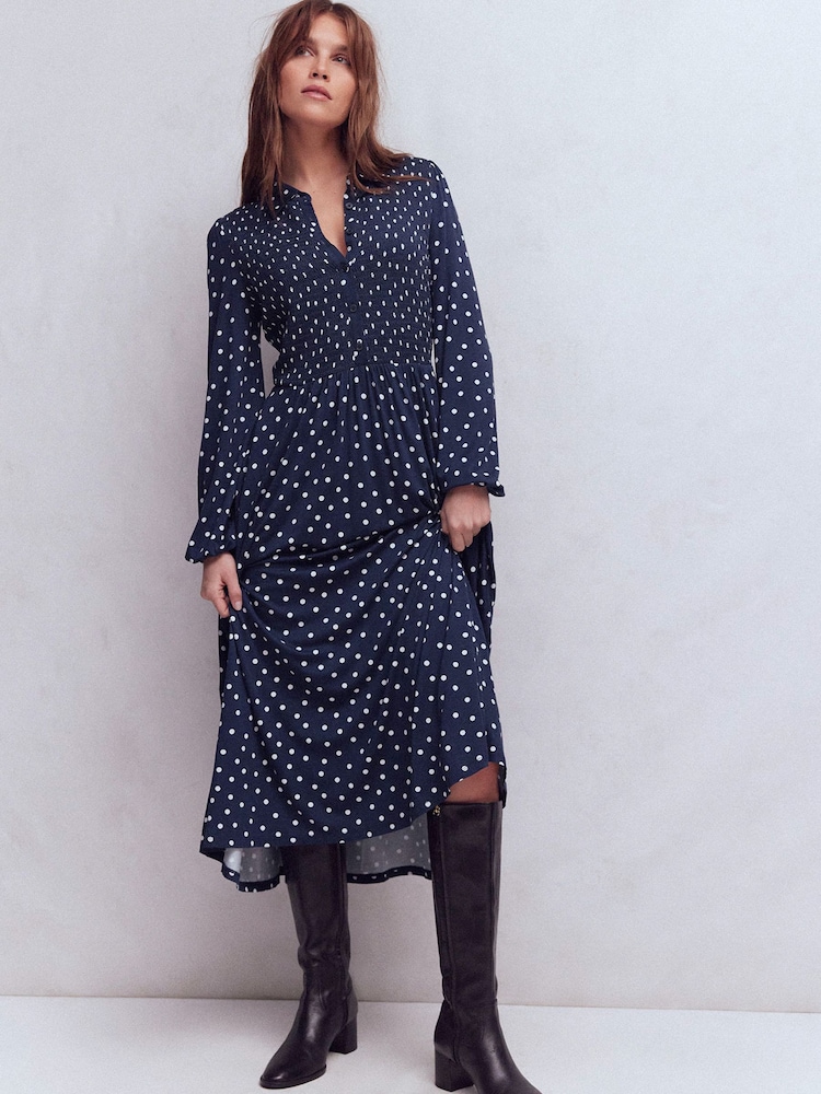 boden smocked jersey shirt dress Smocked Jersey Dress - French Navy, Painted Dot