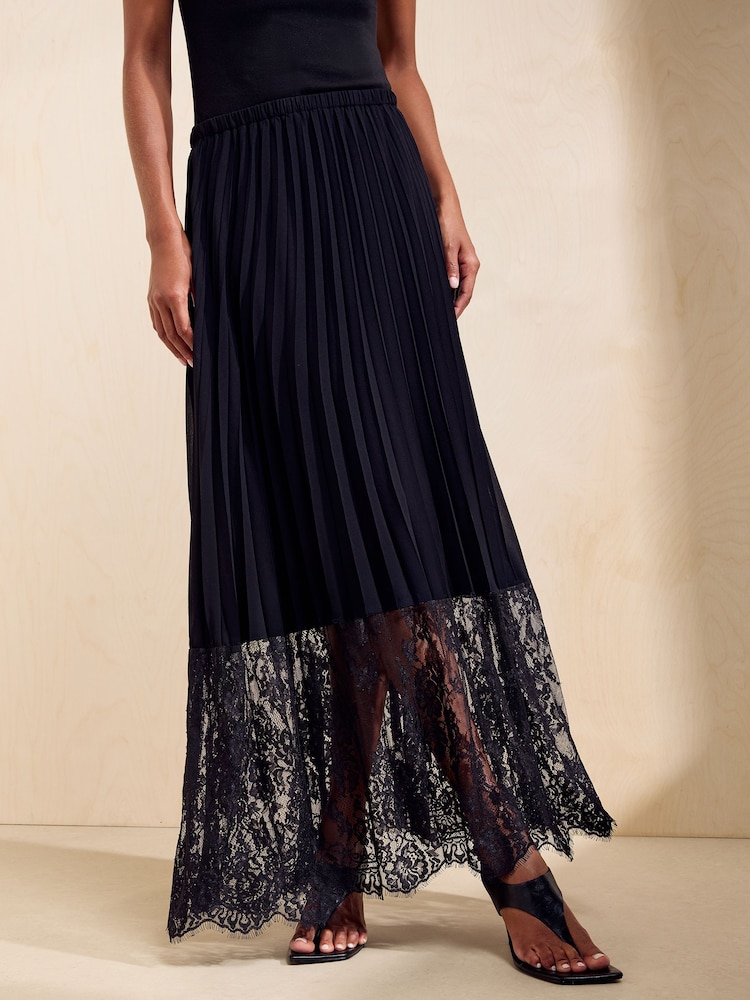 Friends Like These Black Petite Lace Hem Pleated Chiffon Midi Skirt - Image 2 of 5 Friends Like These Black Petite Lace Hem Pleated Chiffon Midi Skirt - Image 2 of 5