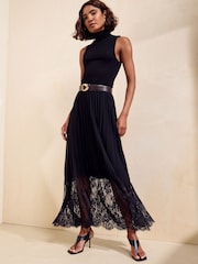 Friends Like These Black Petite Lace Hem Pleated Chiffon Midi Skirt - Image 3 of 5