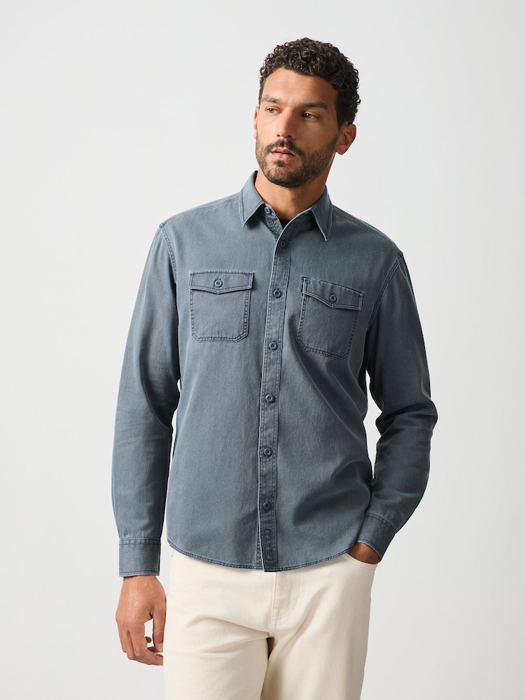 Blue Garment Dye Washed Long Sleeve Overshirt - Image 1 of 10