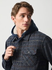 Navy Blue Borg Lined Hooded Check Shacket - Image 1 of 9