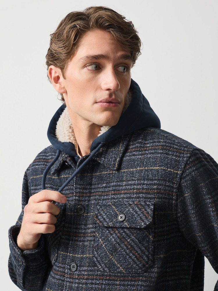 Navy Blue Borg Lined Hooded Check Shacket - Image 1 of 9
