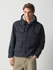 Navy Blue Borg Lined Hooded Check Shacket - Image 5 of 9