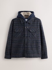 Navy Blue Borg Lined Hooded Check Shacket - Image 6 of 9