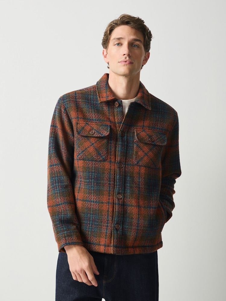 Rust Brown Borg Lined Check Shacket - Image 1 of 5 Rust Brown Borg Lined Check Shacket - Image 1 of 5