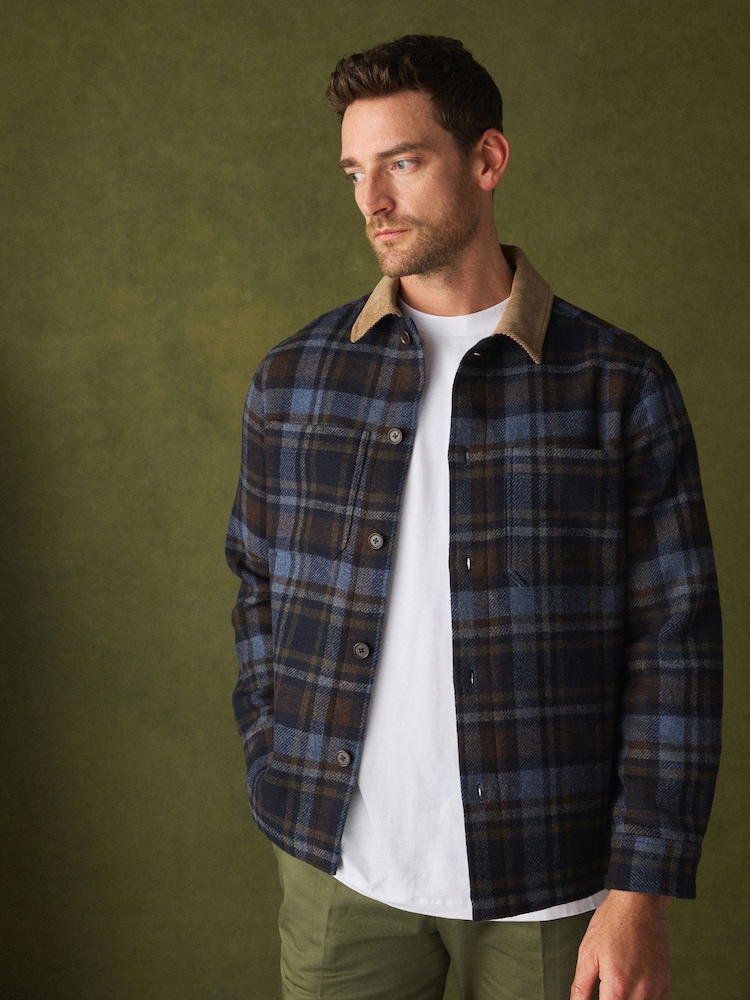 Navy Blue Check Wool Blend Shacket - Image 1 of 5 Navy Blue Check Wool Blend Shacket - Image 1 of 5