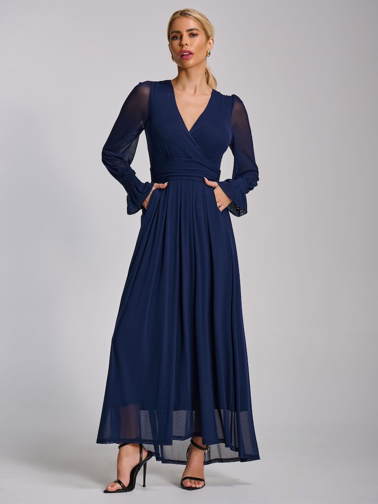 Jolie Moi Blue Mesh Long Sleeve Maxi Dress - Image 1 of 6