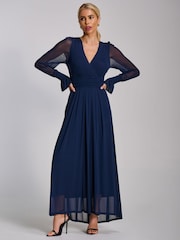 Jolie Moi Blue Mesh Long Sleeve Maxi Dress - Image 4 of 6