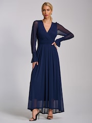 Jolie Moi Blue Mesh Long Sleeve Maxi Dress - Image 5 of 6