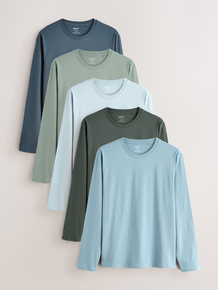 Green Slim Fit Long Sleeve Layering T-Shirts 5 Pack - Image 1 of 8 Green Slim Fit Long Sleeve Layering T-Shirts 5 Pack - Image 1 of 8