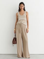 Reiss Neutral Aimee Petite Drawstring Wide-Leg Trousers - Image 3 of 8
