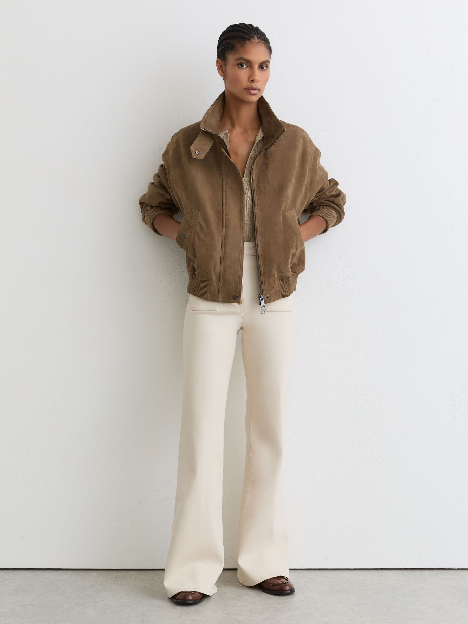 Reiss Neutral Petite Suede Funnel-neck Bomber Jacket