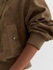 Reiss Neutral Cara Petite Suede Funnel-Neck Bomber Jacket - Image 5 of 9