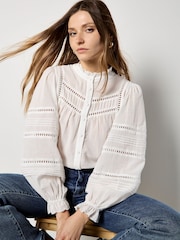 Apricot White Lace Insert Ruffle Blouse - Image 1 of 4