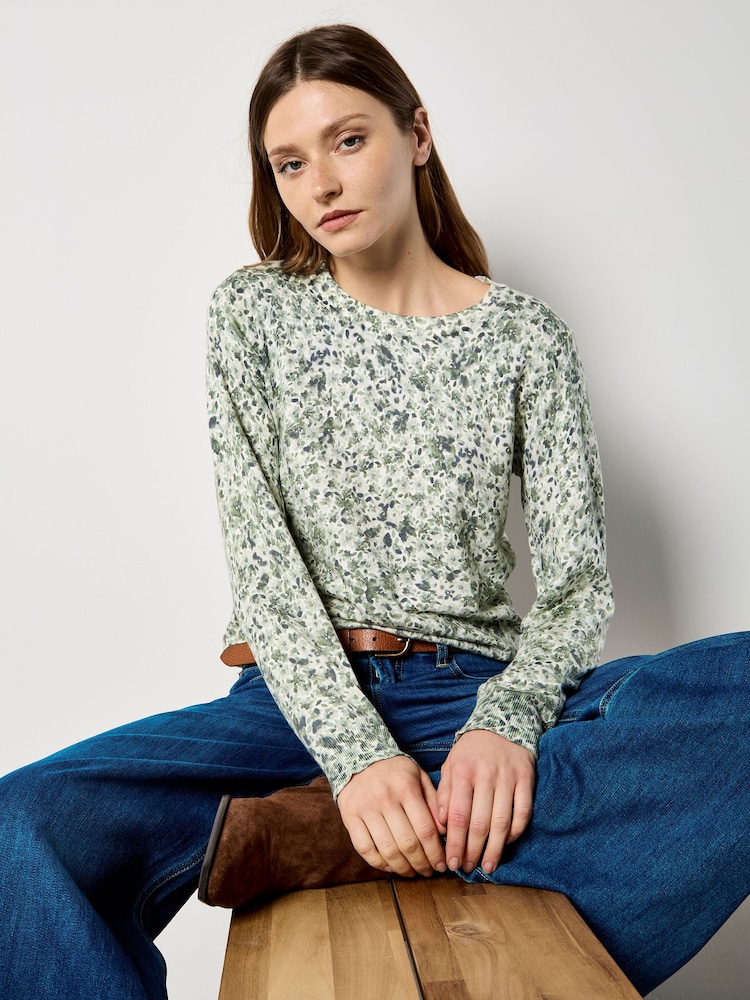 Apricot Green Fine Knit Silhouette Floral Jumper - Image 1 of 4