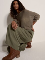 Apricot Green Slub Linen Wide-Leg Trousers - Image 4 of 5